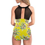 floral white stroke 9k Women's High Neck Plunge Mesh Ruched Swimsuit (S43) - Objet D'Art