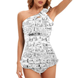 vintage comic nineteenth century print Women's One Shoulder Backless Swimsuit (Model S44) - Objet D'Art