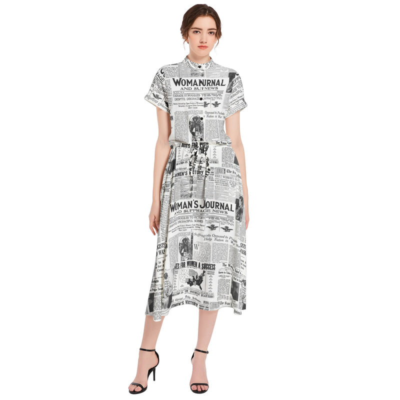 Women's Suffrage Headline News Print Drawstring Waist A-line Flared Midi Dress - Objet D'Art