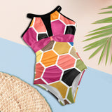 dark fuchsia print 2 Women's High Neck Plunge Mesh Ruched Swimsuit (S43) - Objet D'Art