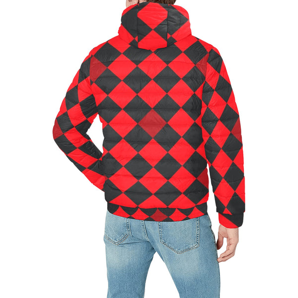red black diamond print 2 Men's Padded Hooded Jacket (Model H42) - Objet D'Art