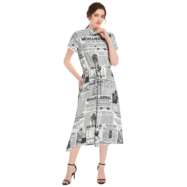 Women's Suffrage Headline News Print Drawstring Waist A-line Flared Midi Dress - Objet D'Art