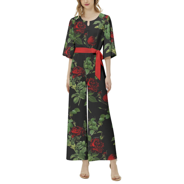 Rose Print Dolman Sleeve Belted Wide Leg Jumpsuit - Objet D'Art