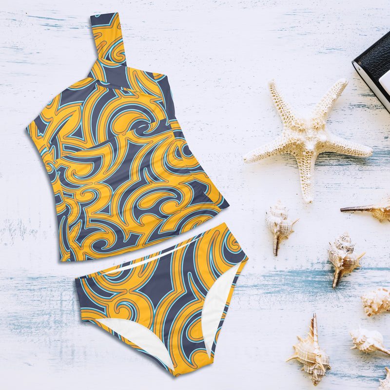 scroll turmeric blue stroke print Women's One Shoulder Backless Swimsuit (Model S44) - Objet D'Art