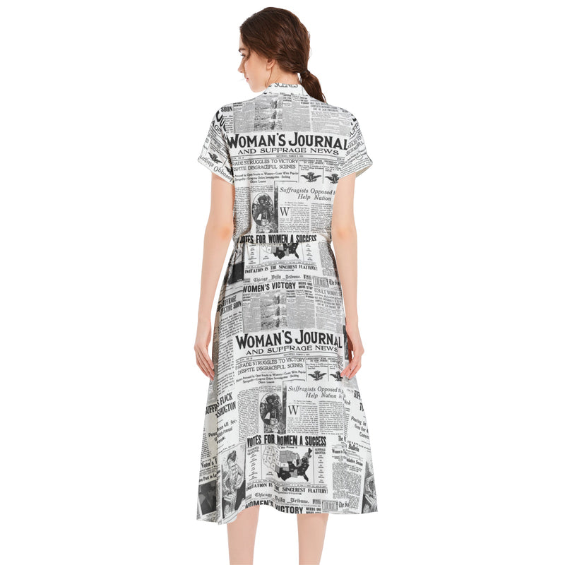 Women's Suffrage Headline News Print Drawstring Waist A-line Flared Midi Dress - Objet D'Art
