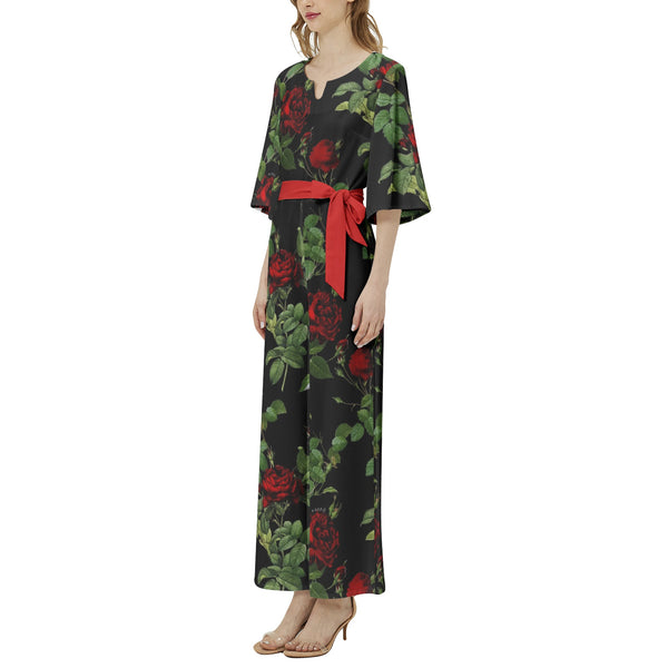 Rose Print Dolman Sleeve Belted Wide Leg Jumpsuit - Objet D'Art