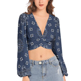 Blue Bandana  Women's Deep V-Neck Lantern Sleeve Crop Top - Objet D'Art