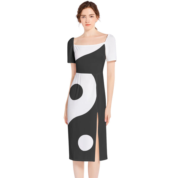 Yin Yang Theme Split Thigh Midi Bodycon Dress - Objet D'Art