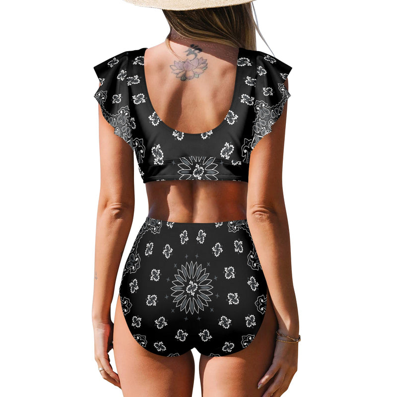 black buck Women's Ruffle Sleeve Bikini Swimsuit (Model S42) - Objet D'Art