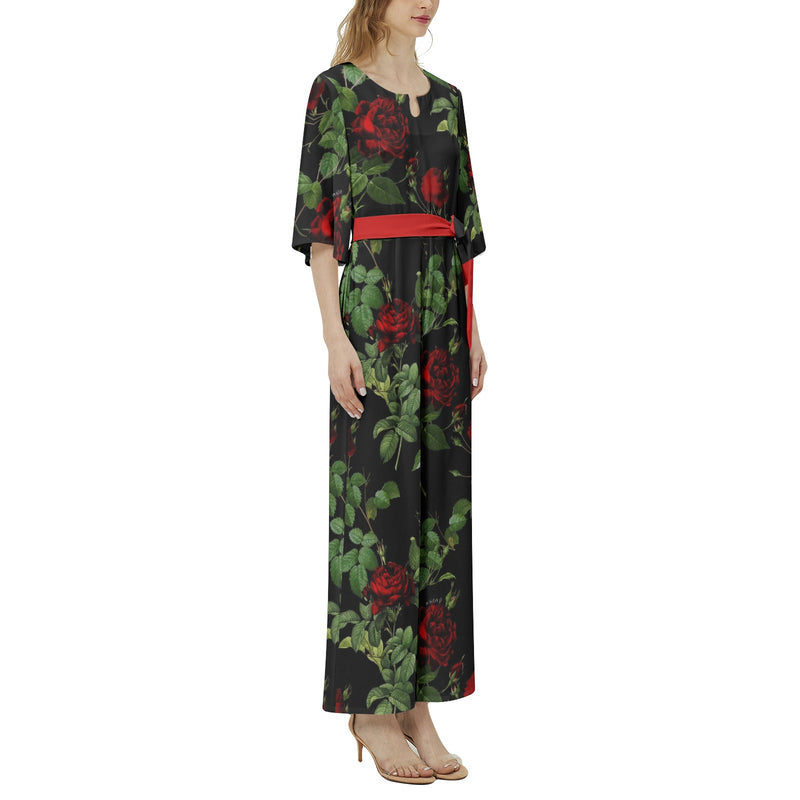 Rose Print Dolman Sleeve Belted Wide Leg Jumpsuit - Objet D'Art