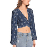 Blue Bandana  Women's Deep V-Neck Lantern Sleeve Crop Top - Objet D'Art