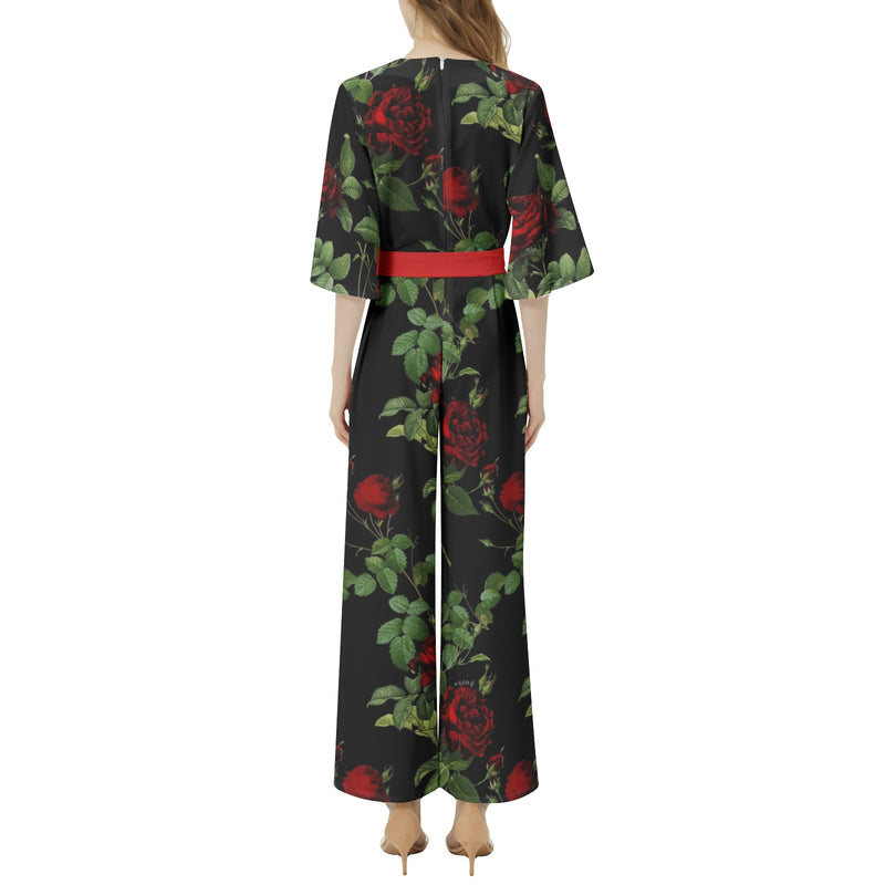 Rose Print Dolman Sleeve Belted Wide Leg Jumpsuit - Objet D'Art