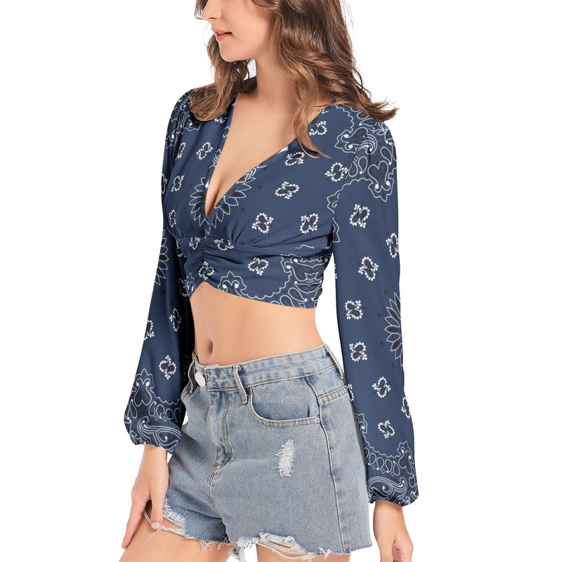 Blue Bandana  Women's Deep V-Neck Lantern Sleeve Crop Top - Objet D'Art