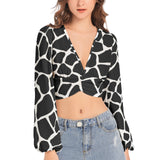 Giraffe Print Women's Deep V-Neck Lantern Sleeve Crop Top - Objet D'Art