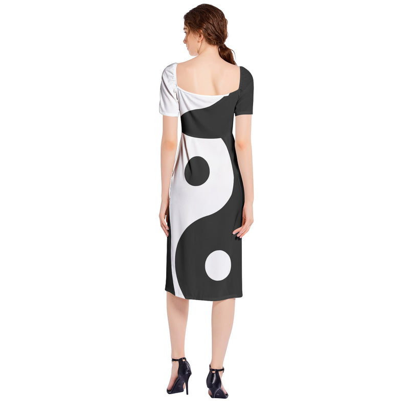 Yin Yang Theme Split Thigh Midi Bodycon Dress - Objet D'Art