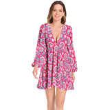 Pink Floral Bouquet Lantern Sleeve Deep V-Neck Short Dress - Objet D'Art