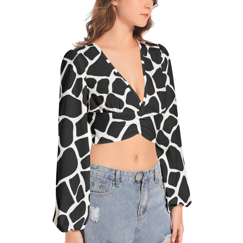 Giraffe Print Women's Deep V-Neck Lantern Sleeve Crop Top - Objet D'Art