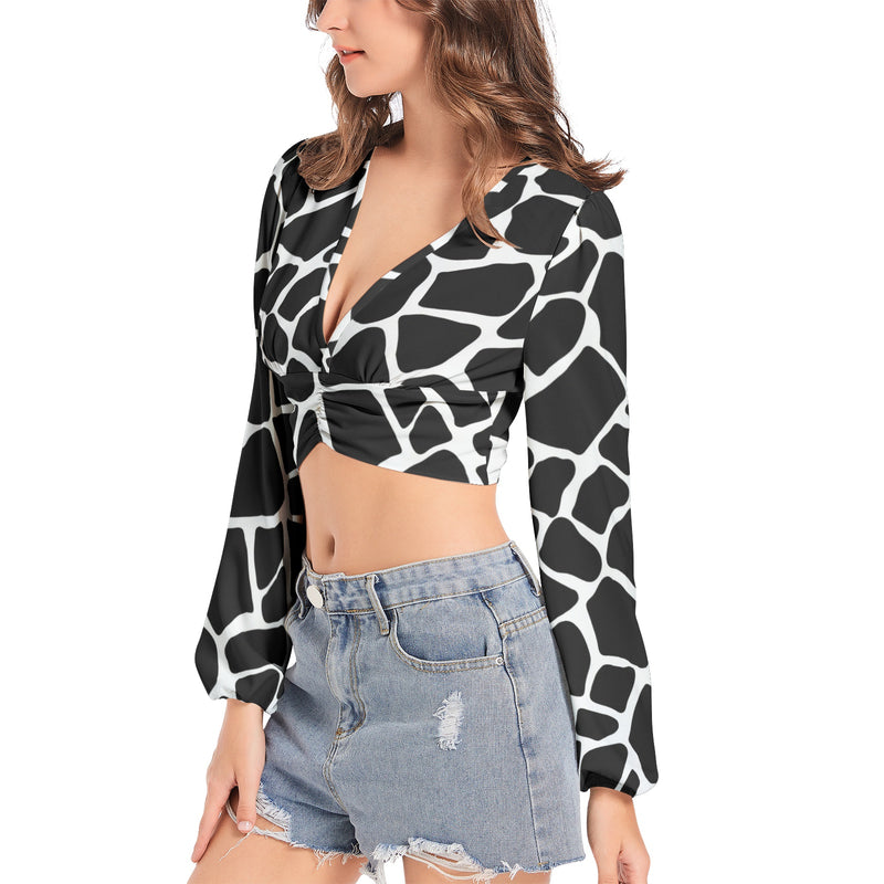 Giraffe Print Women's Deep V-Neck Lantern Sleeve Crop Top - Objet D'Art