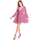 Pink Floral Bouquet Lantern Sleeve Deep V-Neck Short Dress - Objet D'Art