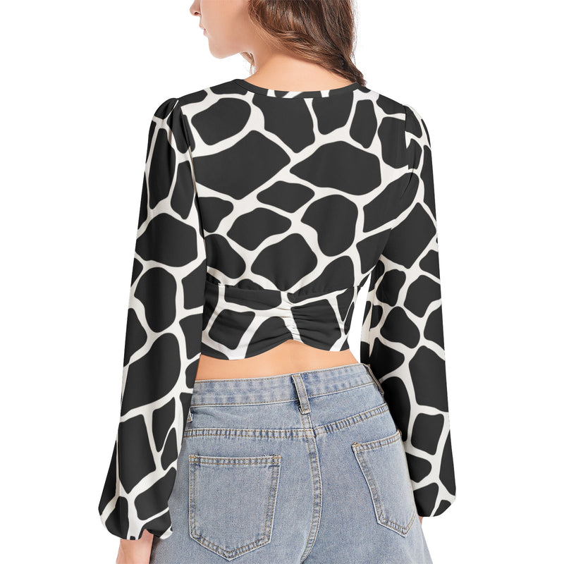 Giraffe Print Women's Deep V-Neck Lantern Sleeve Crop Top - Objet D'Art