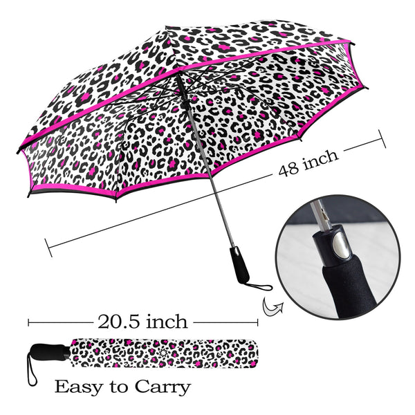 fuchsia leopard print bordered Semi-Automatic Foldable Umbrella (Model U12) - Objet D'Art