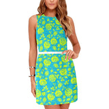 neon green blue greek key print 2 Eos Women's Sleeveless Dress (Model D01) - Objet D'Art