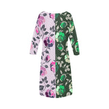 pink green rose print 4 Rhea Loose Round Neck Dress(Model D22) - Objet D'Art