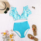 light blue bikini bottom print solid Women's Ruffle Sleeve Bikini Swimsuit (Model S42) - Objet D'Art