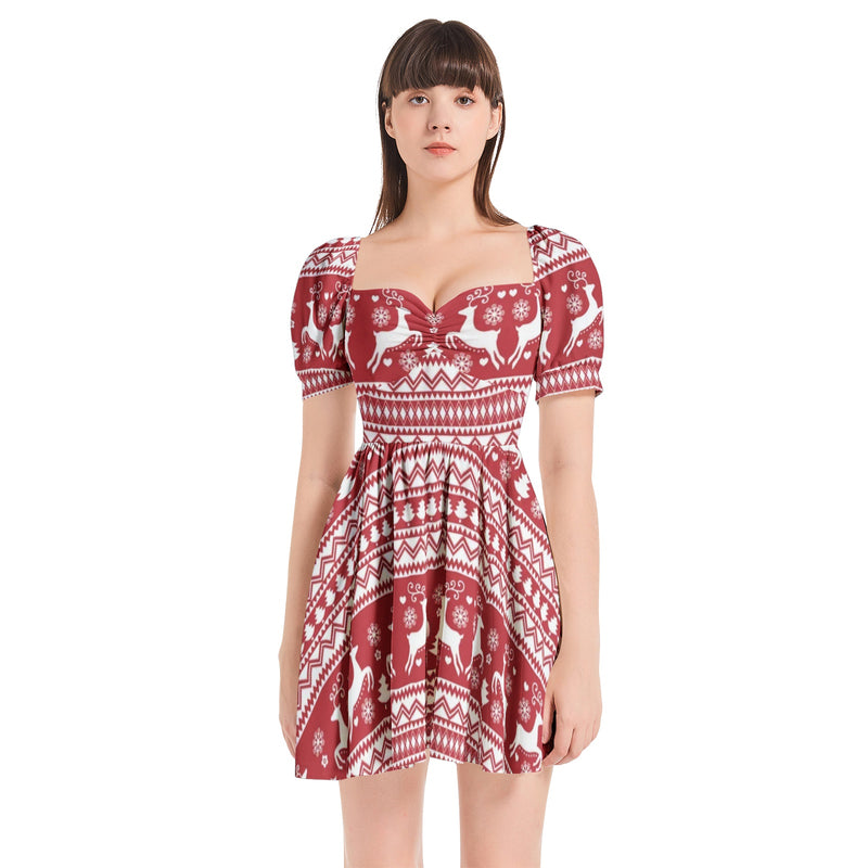 Winter Wonderland Puff Sleeve Sweetheart Neck Short Dress - Objet D'Art