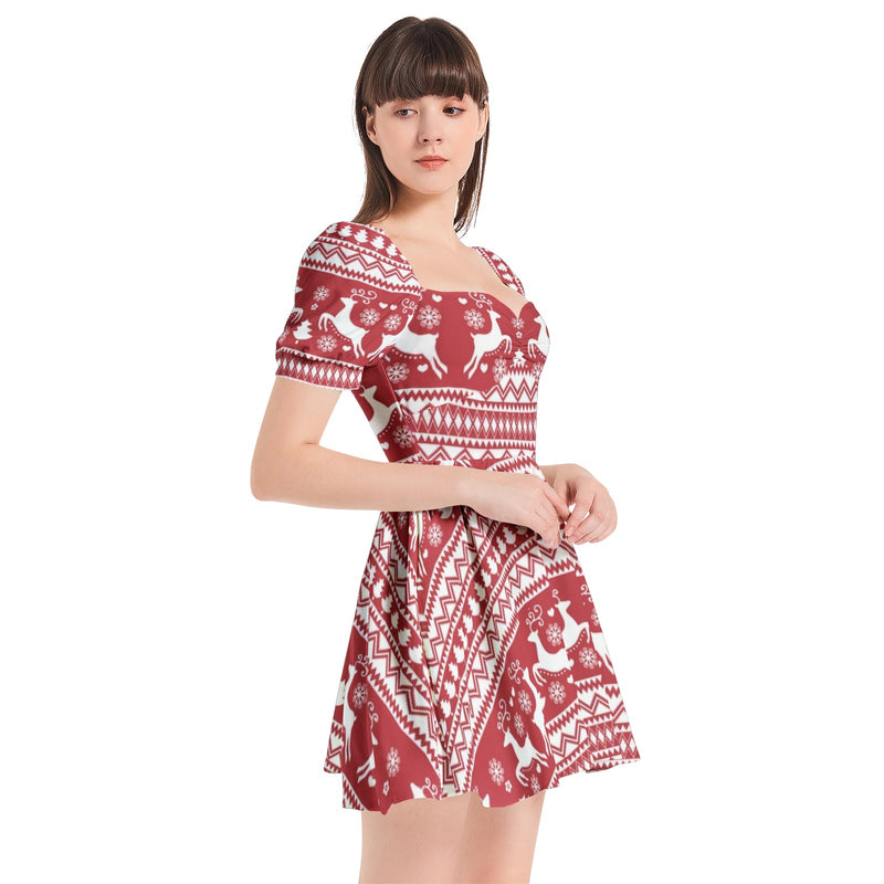 Winter Wonderland Puff Sleeve Sweetheart Neck Short Dress - Objet D'Art