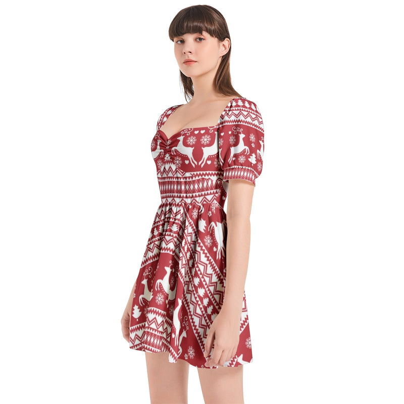 Winter Wonderland Puff Sleeve Sweetheart Neck Short Dress - Objet D'Art