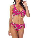 pink floral butterfly print Bow Tie Front Bikini Swimsuit (Model S38) - Objet D'Art