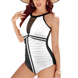 black solid print skirt Women's High Neck Plunge Mesh Ruched Swimsuit (S43) - Objet D'Art