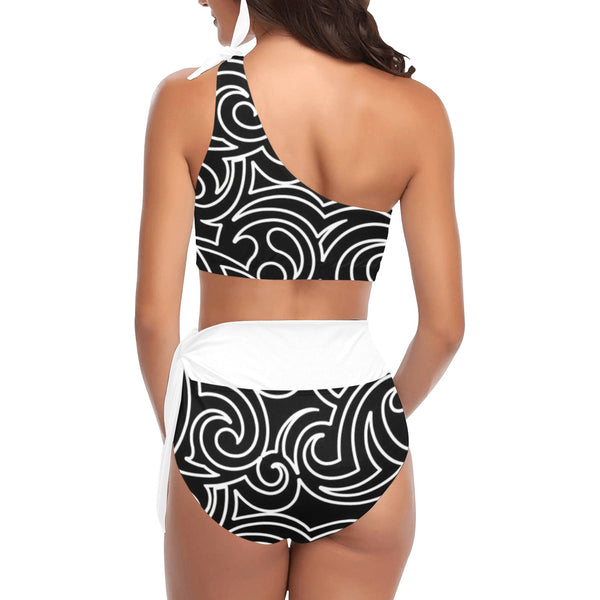 light blue print High Waisted One Shoulder Bikini Set (Model S16) - Objet D'Art