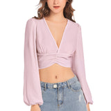 Women's Deep V-Neck Lantern Sleeve Crop Top - Objet D'Art