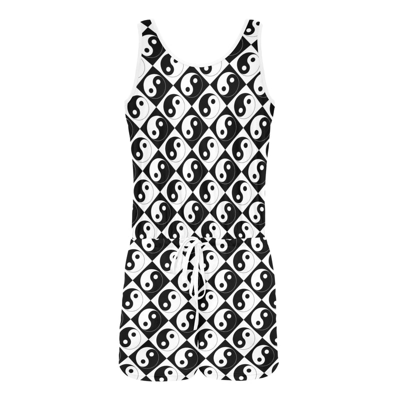 yin and yang bw print 2 All Over Print Vest Short Jumpsuit - Objet D'Art