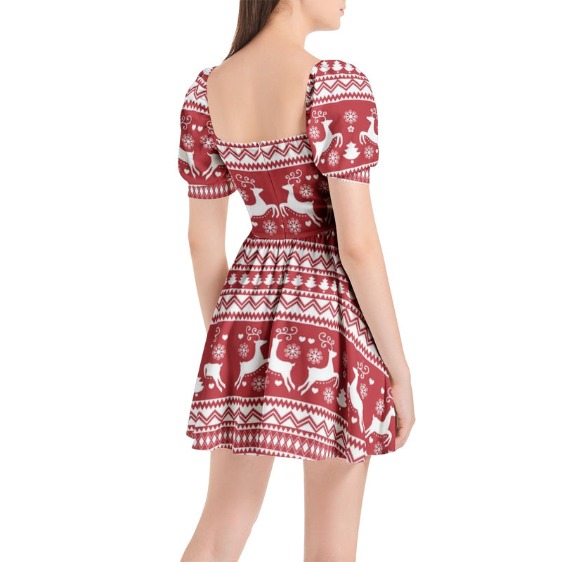 Winter Wonderland Puff Sleeve Sweetheart Neck Short Dress - Objet D'Art