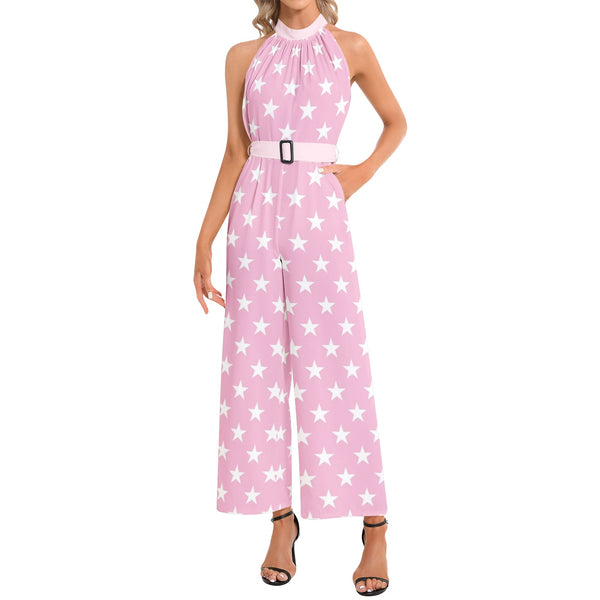 All Stars in Pink Halter Neck Buckle Belted Jumpsuit - Objet D'Art