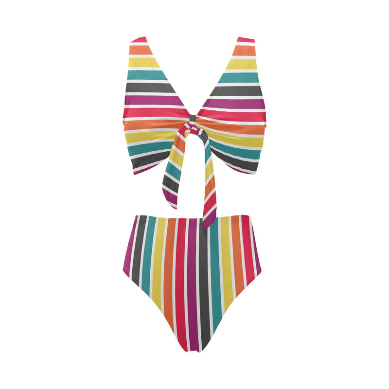6 COLOR PALLETTE STRIPED FITTED SKIRT PRINT Chest Bowknot Bikini Swimsuit (Model S33) - Objet D'Art