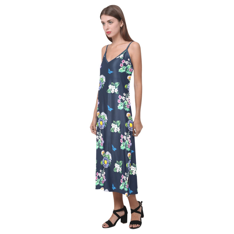 floral blue print 5 V-Neck Open Fork Long Dress(Model D18) - Objet D'Art