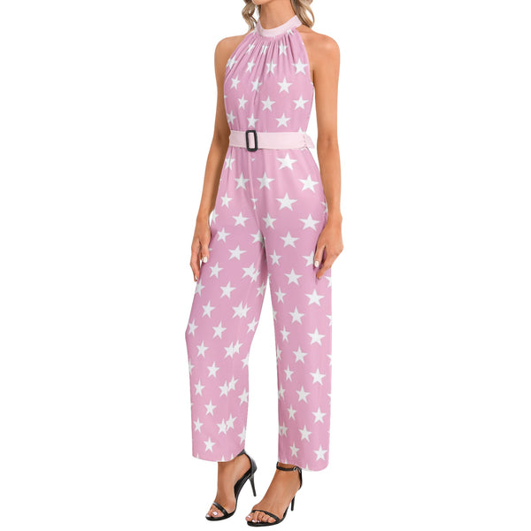 All Stars in Pink Halter Neck Buckle Belted Jumpsuit - Objet D'Art
