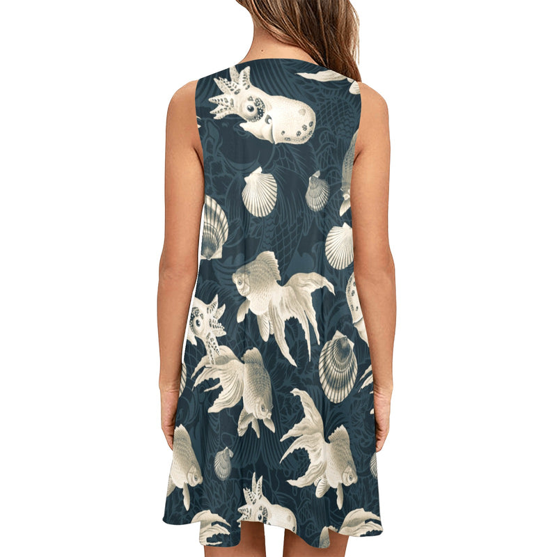 aqua world print 10 Sleeveless A-Line Pocket Dress (Model D57) - Objet D'Art
