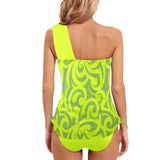 neon green scroll print 2 Women's One Shoulder Backless Swimsuit (Model S44) - Objet D'Art
