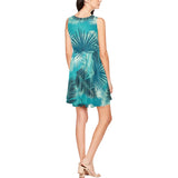 cerulean blue palm print Thea Sleeveless Skater Dress(Model D19) - Objet D'Art