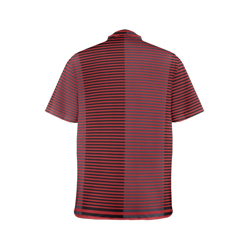 horizontal striped red gray black print Men's Stand-Up Collar Short Sleeve Shirt - Objet D'Art