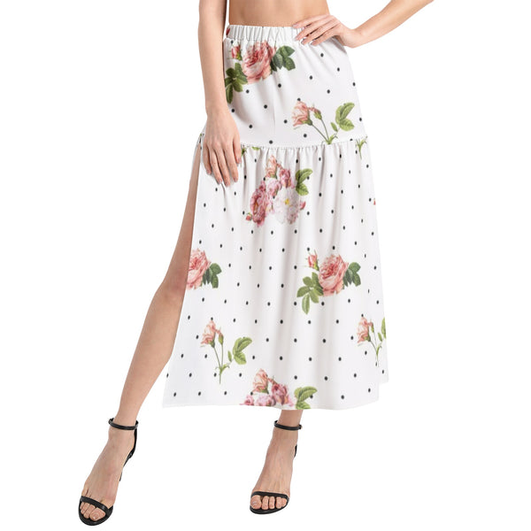 Pink Roses Elastic Waist Ruffle Slit Hem Skirt - Objet D'Art