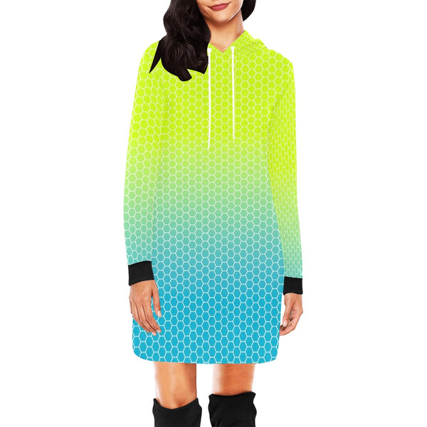 neon green hex print 5 All Over Print Hoodie Mini Dress (Model H27) - Objet D'Art