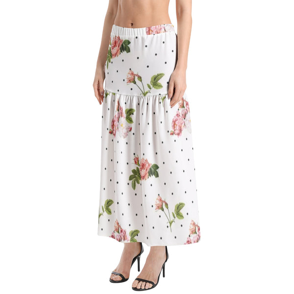 Pink Roses Elastic Waist Ruffle Slit Hem Skirt - Objet D'Art