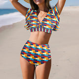 self portrait color scheme print Women's Ruffle Sleeve Bikini Swimsuit (Model S42) - Objet D'Art