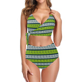 neon green greek print 3 Knot Side Bikini Swimsuit (Model S37) - Objet D'Art